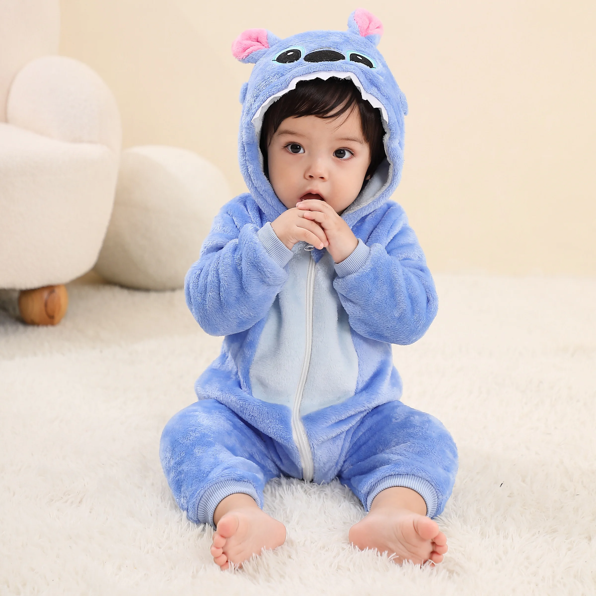 아기 Kigurumi 스티치 만화 Romper 유아 어린이 동물 점프 슈트 유아 의류 바디 슈트 소녀 소년 코스프레 잠옷 의상