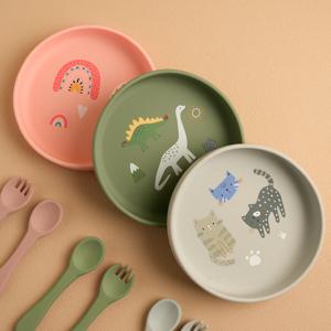 1PCS 공룡 실리콘 아기 접시 BPA 무료 만화 음식 트레이 유아 자체 먹이 훈련 6M + 쉬운 깨끗한 식기