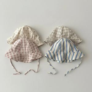한국 격자 무늬 아기 버킷 모자 빈티지 스트라이프 도트 프린트 어부 모자 어린이를위한 소년 소녀 여름 와이드 브림 선 스크린 모자