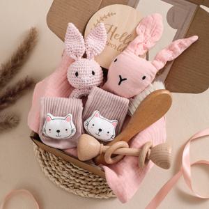 Let's Make 아기 목욕 장난감 세트, 양면 코튼 담요, 크로셰 딸랑이 나무 반지, 유아 치발기 목욕 브러시, 신생아 선물