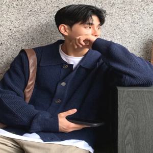 코발트 블루 니트 가디건 남성 칼라 버튼 스웨트셔츠 재킷 텍스처드 캐주얼 워크웨어 폴로 셔츠 긴팔 통기성
