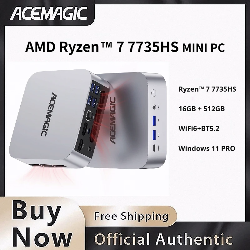 AMD 라이젠 7 7735HS 미니 PC 16GB LPDDR5 512GB SSD 트리플 4K 디스플레이 라데온 그래픽 사전 설치된 윈도우 11 프로 휴대용 컴퓨터