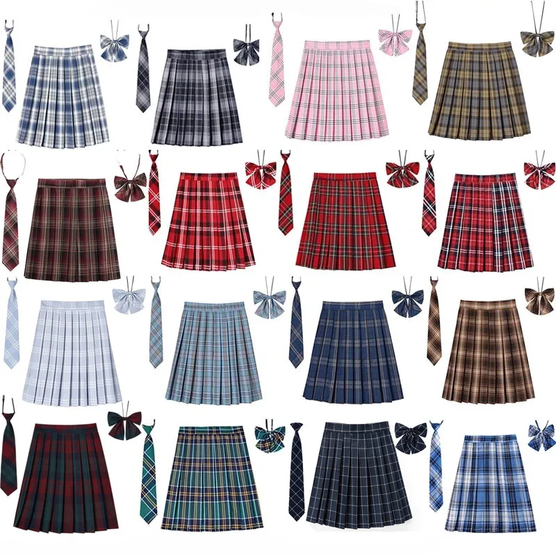 여성 격자 무늬 플리츠 스커트 넥타이 Bowtie XS- 5XL 하라주쿠 프레피 미니 일본 학교 교복 소녀 여름 Jupe Kawaii 스커트