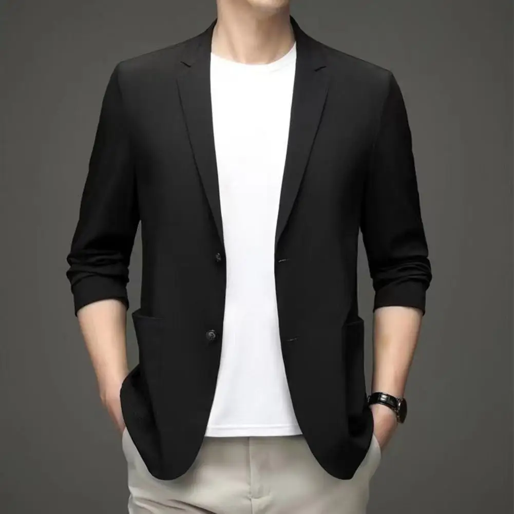 남성 정장 여름 정장 코트 비즈니스 코트 옷깃 더블 버튼 포켓 솔리드 카디건 루즈 남성 정장 재킷 작업 재킷