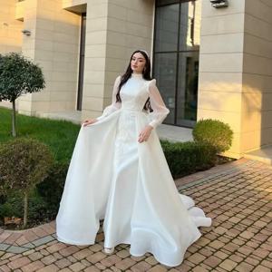 사용자 정의 럭셔리 Organza 웨딩 드레스 높은 Applique 긴 소매 두바이 여성 바닥 길이 우아한 신부 파티 파티 드레스