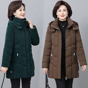 여성 겨울 두꺼운 재킷 다운 코튼 파카 후드 퀼트 롱 포켓 코트 중년 여성 오버코트