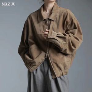 스웨이드 자켓 여성용 실키 소프트 램스킨 레트로 올드머니 스타일 와이드 숄더 캐주얼 야구 가죽 코트 천연 양가죽 자켓 여성용
