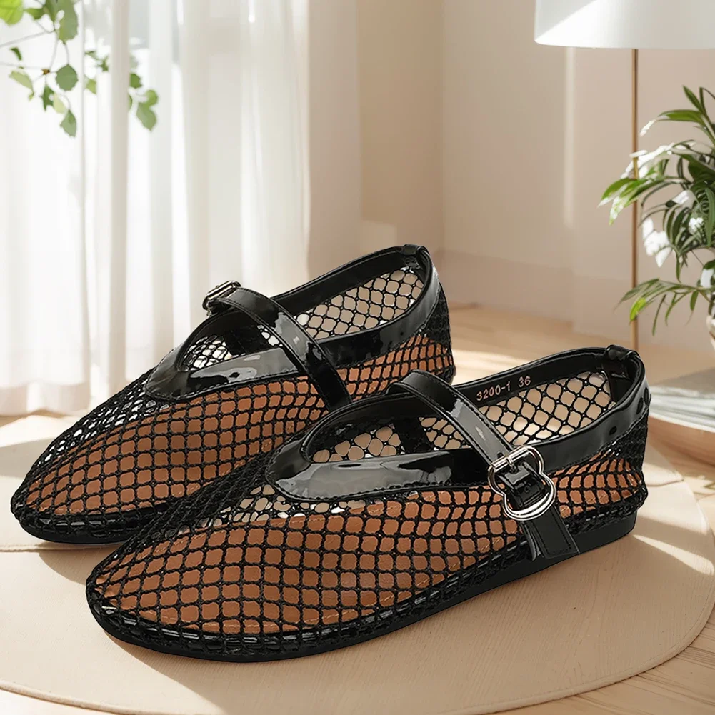 여성 메쉬 발레 플랫 Fishnet 발레리나 플랫 편안한 라운드 발가락 발레 신발 통기성 캐주얼 운동화 통근