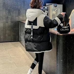 블랙 미디엄 롱 파커 코튼 자켓 여성용 겨울 2026 신상 한국 버전 루즈핏 다운 코튼 스플라이싱 후드 코트 따뜻한 탑