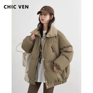 CHIC VEN 패션 여성 다운 코트 긴 소매 솔리드 레트로 루즈 캐주얼 대비 색상 90 화이트 다운 재킷 가을 겨울 2025