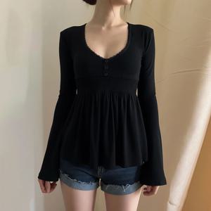 SUCHCUTE 여성용 솔리드 레이스 트림 패치워크 버튼 플레어 슬리브 셔츠 캐주얼 브이넥 니트 탑 Y2k 에스테틱 가을 옷 페어리코어