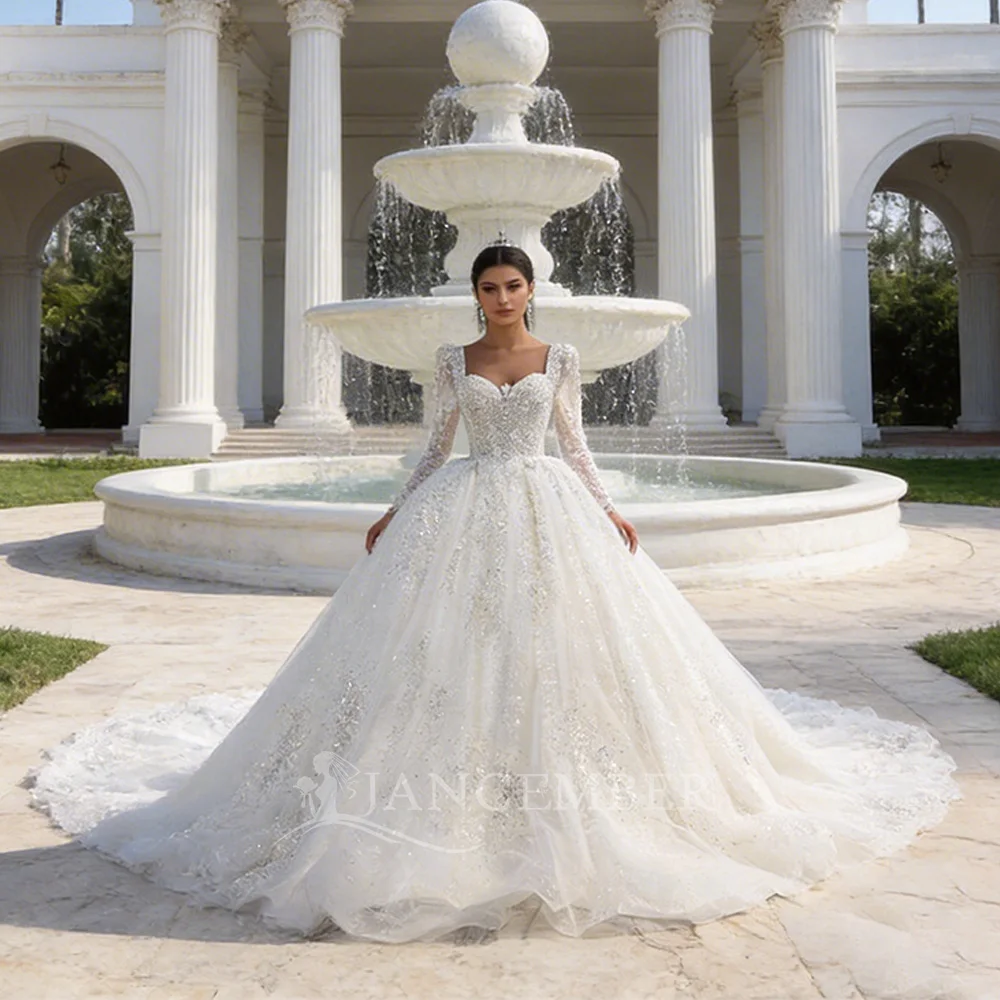 화려한 웨딩 드레스 웨딩 Organza 볼 가운 스퀘어 칼라 웨딩 정장 여성을위한 구슬 크리스탈 MN97 Vestido De Novia