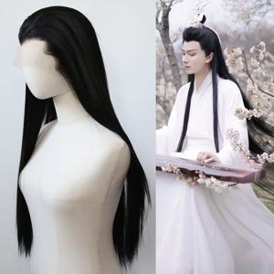 블랙 컬러 코스프레 중국 고대 스타일 헤어 라인 Hanfu 복장에 적합 합성 레이스 프론트 가발 롱 스트레이트 가발