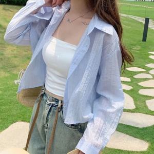 자외선 차단 가벼운 긴팔 캐주얼 루즈핏 여성용 셔츠 통근 스타일 폴로 칼라 오픈 가디건 중간 길이