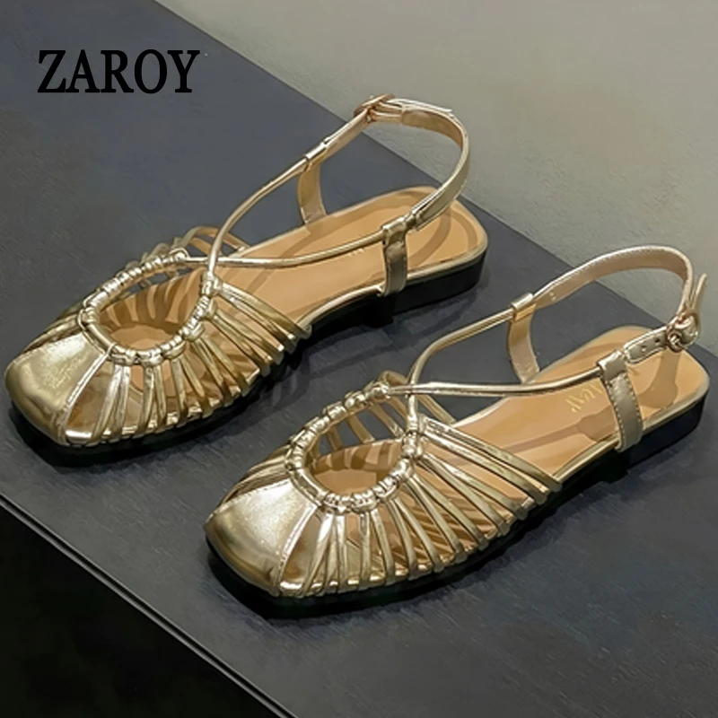 ZAROY 여성 플랫 샌들 여름 좁은 밴드 로마 신발 캐주얼 플러스 사이즈 브랜드 디자이너 연회 해변 검투사 샌들 Zapato