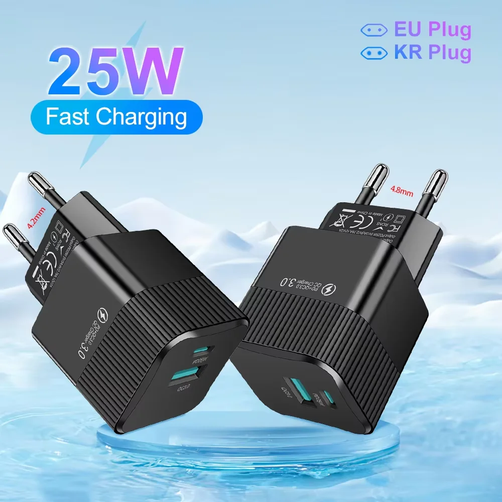 2포트 PD 25W USB C 고속 충전기 KR EU 미니 여행용 플러그 아이폰 15 Pro Max 원플러스용 고속 충전 어댑터