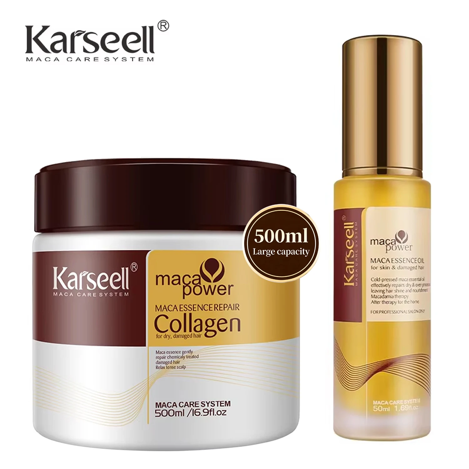 Karseell 콜라겐 헤어 트리트먼트 딥 리페어 헤어 마스크, 아르간 오일 헤어 세럼, 건조한 손상 모발, 모든 모발 유형, 500ml, 50ml