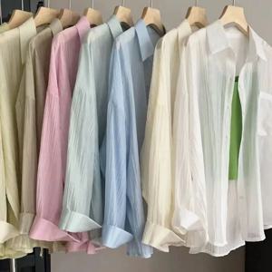 여성 여름 태양 보호 셔츠 캐주얼 루즈 포켓 쉬폰 블라우스 여성 한국어 세련된 얇은 통기성 슬리밍 셔츠