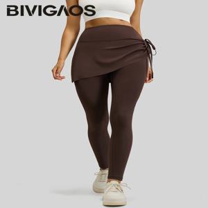 BIVIGAOS 봄 신상 드로스트링 플리츠 요가 레깅스 스커트 팬츠 투피스 여성용 하이웨이스트 탄력 스포츠 피트니스 레깅스