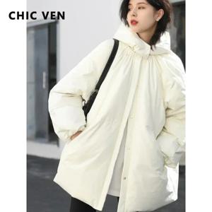 CHIC VEN 여성용 다운 코트, 솔리드 루즈 후드 망토 다운 재킷, 중간 길이 여성 퀼트 코트, 가을 겨울 2024