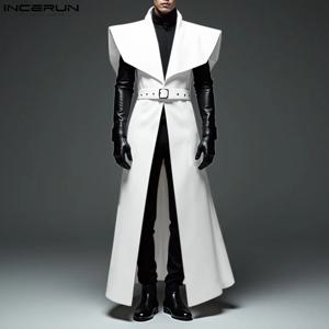 INCERUN 남성 롱 스타일 트렌치 옷깃 민소매 솔리드 컬러 캐주얼 남성 카디건 벨트 streetwear 2025 패션 코트 S-5XL