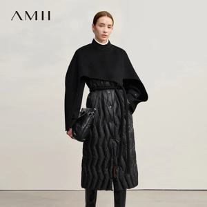 AMII 다운 재킷 여성용 2025 겨울 신상 루즈 롱 패치워크 울 여성 의류 벨트 포함 따뜻한 겨울 코트 여성용 12524037