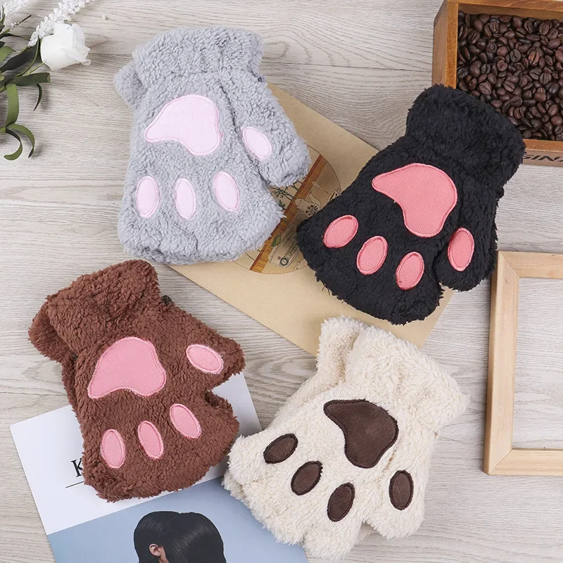 겨울 만화 장갑 여성용 곰 플러시 고양이 발톱 장갑 귀여운 짧은 손가락 없는 털이 복슬복슬한 곰 발톱 장갑 소녀용