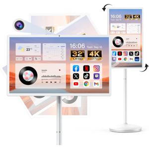 32인치 스마트 휴대용 TV(바퀴 포함), UHD 터치스크린 롤링 TV, 16GB RAM + 128GB 저장용량, 강력한 퀄컴 스냅드래곤 CPU, 안드로이드