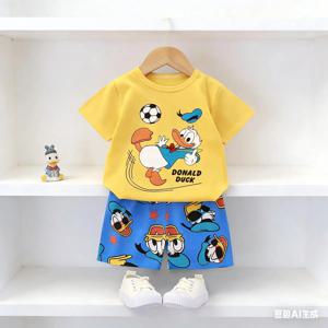 여름 도널드 덕 만화 2피스 소년 운동복 캐주얼 아동 의류 세트 티셔츠와 반바지 어린이 1-4세
