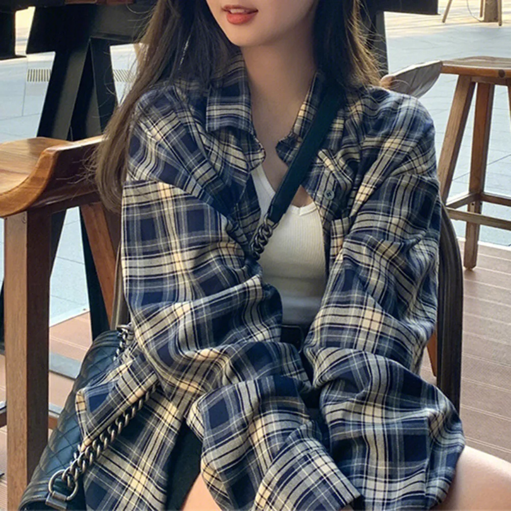여성용 한국 체크무늬 블라우스 패션 긴팔 체크 셔츠 여성용 봄 신상 슬림핏 캐주얼 루즈 싱글 브레스트 셔츠