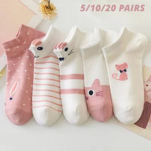 여성용 짧은 튜브 양말, 핑크 고양이, 얇은 사계절 귀여운 보트 양말, 슬로우 탑, 인스타그램 트렌디 양말, 5 쌍, 10/20 쌍