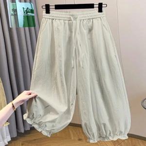 캐주얼 아이스 실크 퀵 드라이 나인피스 플라워 버드 팬츠 여성 여름 얇은 루즈핏 하이웨이스트 드레이핑 랜턴 팬츠