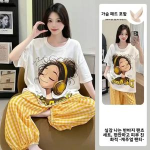 순면 여성용 수면복 반팔 긴바지 가슴패드 내장 여름 2025 신상 홈웨어 세트 플러스 사이즈 야외복