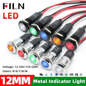 FILN 12mm 12v 24v 110v 220v 메탈 LED 파일럿 패널 대시 신호 표시등 경고등 20cm 케이블 크롬 마감 자동차 보트 해양용