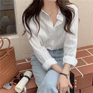 SUTA 봄 여름 셔츠 프렌치 스트라이프 블라우스 셔츠 러블리 청순 화이트 연예인 공항패션 빅사이즈