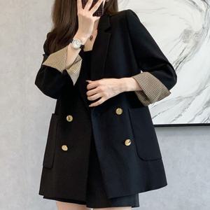 블랙 더블 버튼 정장 재킷 / 겨울용 체크 소매 빈티지 스타일 / 라인핏으로 몸매 보정 / 봄가을 겨울 다용