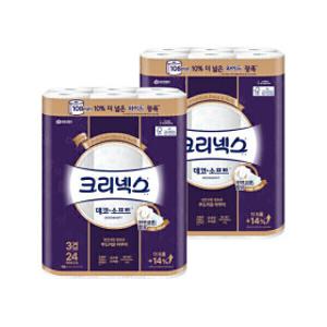 (108mm) 크리넥스 3겹 데코앤소프트 와이드 33MX24롤 2팩 두루마리 화장지 휴지