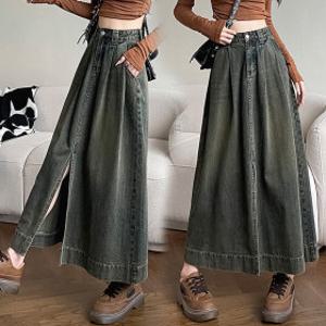 할인-30% / 롱스커트 데님청치마 A라인 앞트임 주름 여자 빈티지워싱 빅사이즈