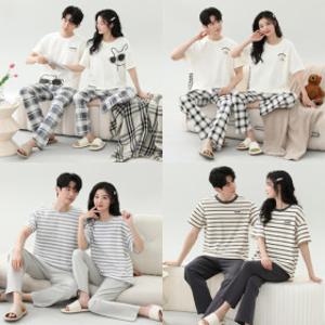 컨피던스 커플용 반팔 긴바지 잠옷 상하의 세트 체크 홈웨어 데일리 파자마