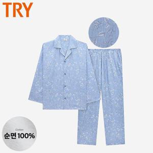 [트라이]남자 면잠옷 긴팔 60수 주자 카라 봄 가을 간절기 잠옷 상하 세트 선물
