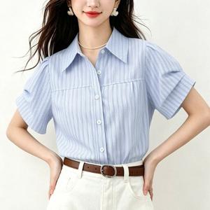 [블랙퀸] 퍼프소매 스트라이프 반팔셔츠 blk004713