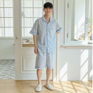 [원더풀라이프]순면 남성 블루 모하ST 반팔 상하세트 여름잠옷 파자마 홈웨어