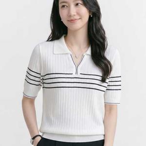 NK3646 여성 캐주얼 골지 배색 라인 카라 반팔 니트티