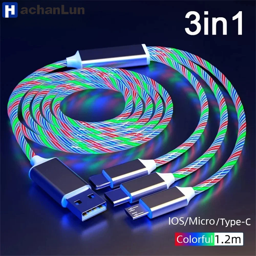 빛나는 LED 빛 USB 3 IN 1 케이블 전화 빠른 충전 충전기 Xiaomi iPhone 전화 액세서리 용 빛나는 유형 C 케이블