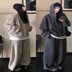 양면 오론 스웨트셔츠 여성 루즈핏 와이드 레그 팬츠 캐주얼 스포츠 투피스 세트 트렌디 아울렛 패션 한국 스타일