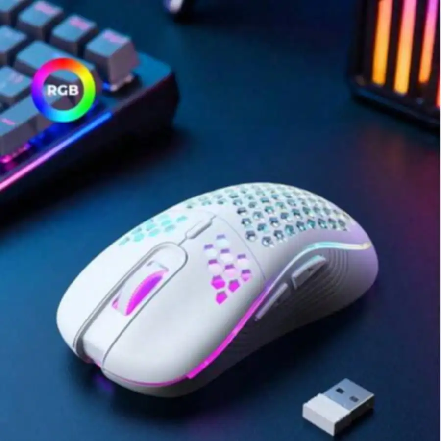 무선 게이밍 마우스 허니콤 2.4G USB 무선 마우스 RGB 충전식 PC 게임 마우스(LED 조명 포함), 드래그 프리 파라코드, 인체공학적 디자인