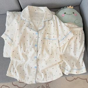 여성용 프린트 폴카 도트 코튼 잠옷 세트 반팔 탑과 반바지 2피스 캐주얼 편안한 홈 스위트 프린트 잠옷