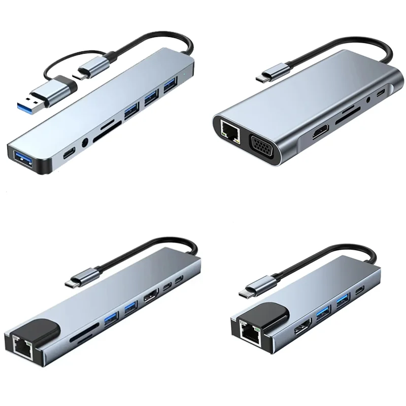 8in1 USB C 허브 4개 USB 포트 1개 USB-C 잭 TF/SD 카드 리더 3.5mm 오디오 출력 맥북 프로 아이패드 프로 아이폰 15 노트북용