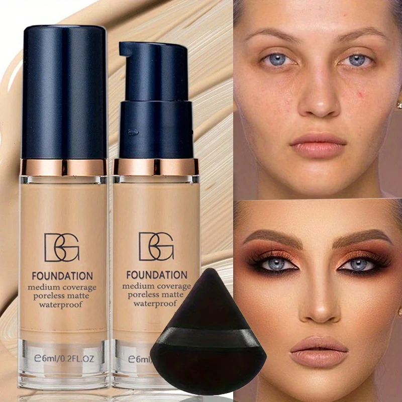 2개 풀 커버리지 방수 리퀴드 파운데이션&블랙 삼각형 파우더 퍼프-오래 지속되는 매트 마감 다크 서클&블레미쉬 커버
