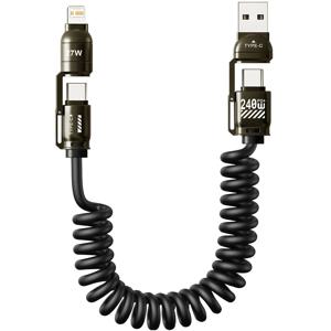 240W 고속 충전 4-in-1 스프링 자동차 데이터 케이블, 아이폰, 삼성, 화웨이, 아이패드용 카플레이 호환 USB C 충전 코드